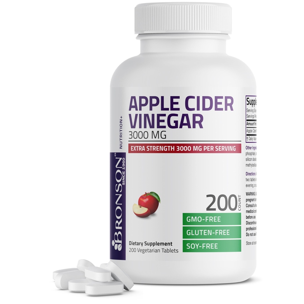 Bronson Apple Cider Vinegar 3000 MG כדי לשרת כוח נוסף - Non-GMO, 200 טבליות צמחוניות