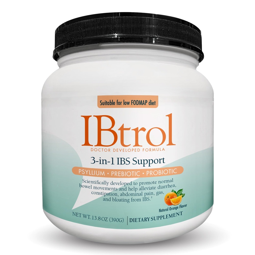 IBtrol ® 3-in-1 IBS Gut בריאות תוספת עם Psyllium, Prebiotic and Probiotics, Manages IBS סימפטומים, Gas, Bloating, Diarrhea, Constipation, Abdominal Pains (Natural Orange Flavor)