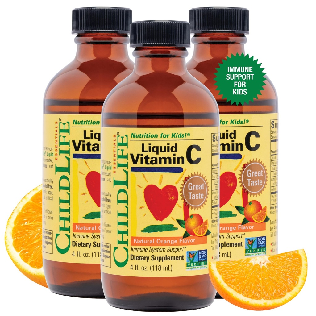 CHILDLIFE ESSENTIALS ויטמין C - תוסף נוזלי טהור ויטמין C לילדים, תמיכה במערכת החיסון, טעם גדול - פלאפור טבעי כתום, 4 Fl Oz (Pack of 3)