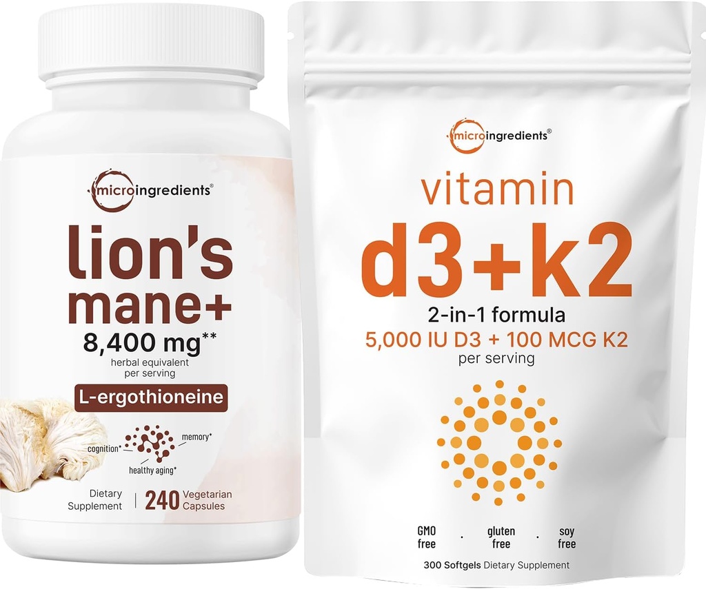 Micro Ingredients ויטמין D35,000יו + K2 100mcg Softgels & Lions Mane תוסף 240 וggie קפסולות Bundle 2 Pack | ויטמינים חיוניים | Superfood Mushroom Antioxidants with L-Ergothioneineineine