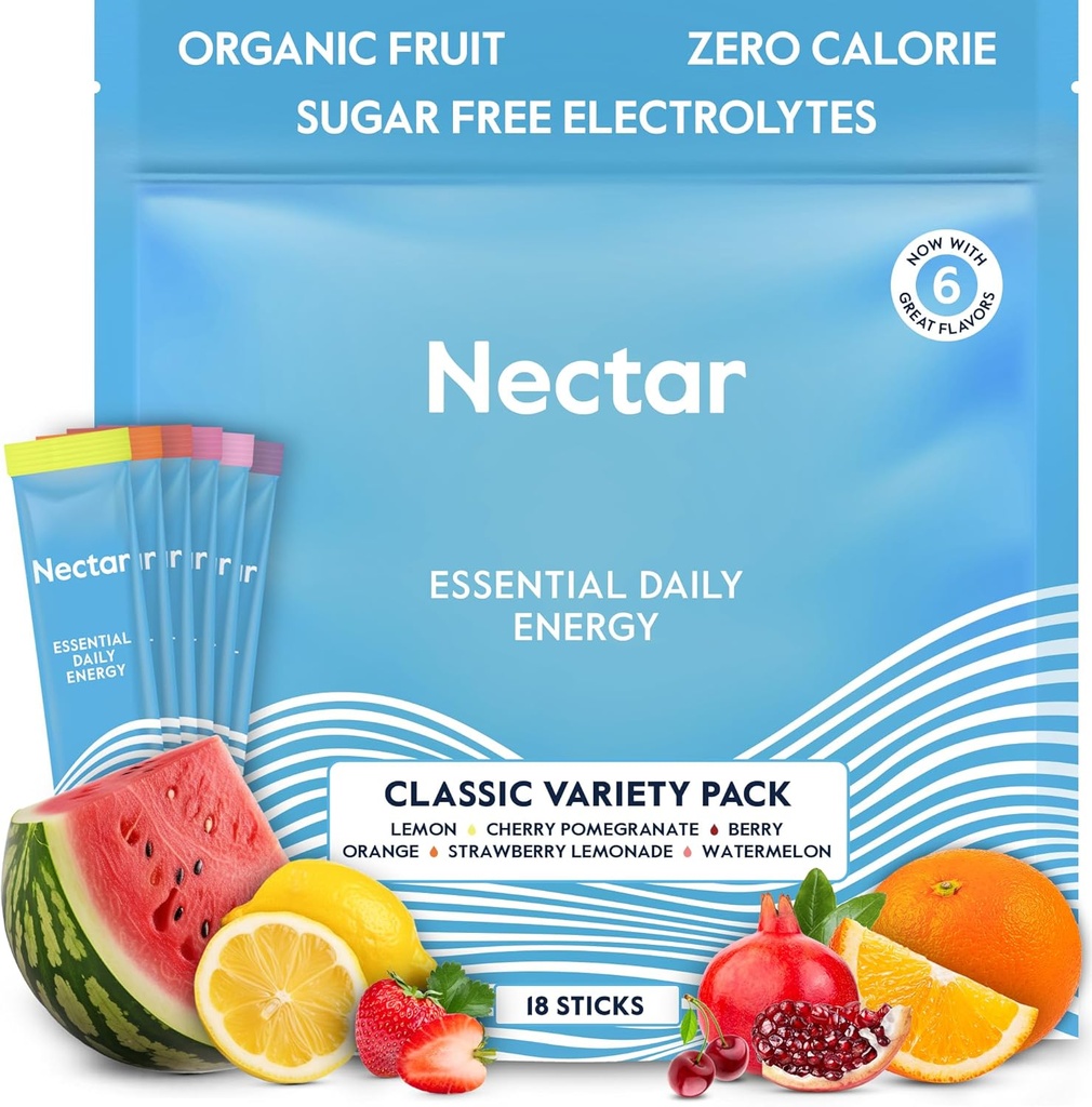 Nectar אנרגיה Booster - אורגני Caffeine, B12 & אלקטרוליטים - סוכר חינם & Zero Calorie - קפה בריא, משקאות אנרגיה & סודה אלטרנטיבה - הידרה ואנרגיה (Variety 18 אבקת Packets)