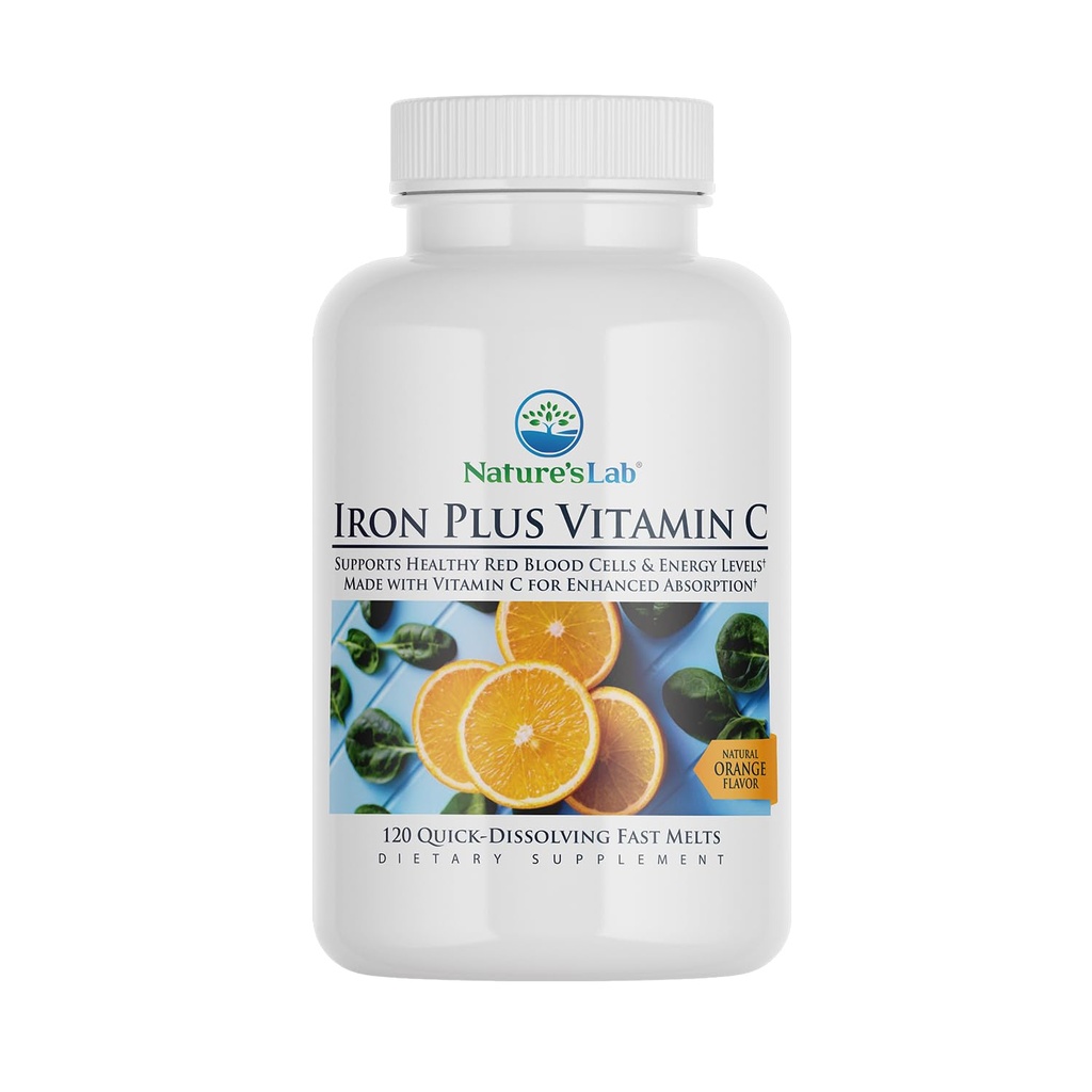 המעבדה לטבע Iron Plus ויטמין C Fast Melt Tablets - Gentle on the Stomach Carbonyl Iron, High Absorption for Healthy Red Blood Cells * - 120 טבליות