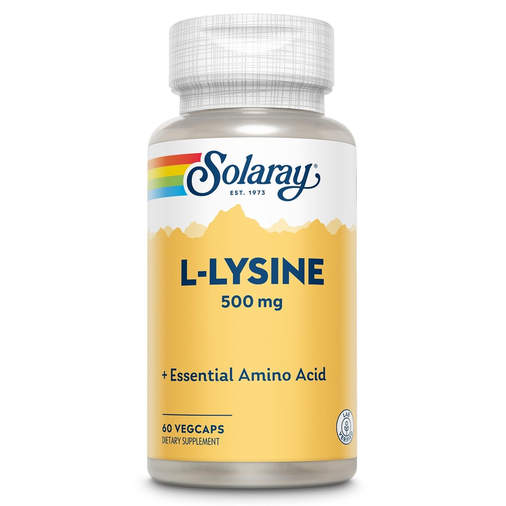 SOLAרי L Lysine 500 מ"ג קפסולות - Free-Form Essential Amino Acids תוסף - תמיכה ב- L-Lysine Amino Acid - מעבדה מאומתת, 60 יום ערבות, 60 משרתים, 60 VegCaps