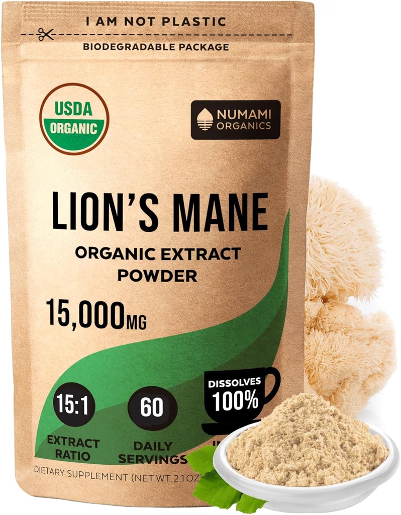 Numami Organic Lions Mane Mushroom אבקת הפקה כפולה עבור ספיגה גבוהה; בקלות דיספתורים בקפה תה יומי או Smoothie כדי לשפר את התפקוד הקוגניטיבי