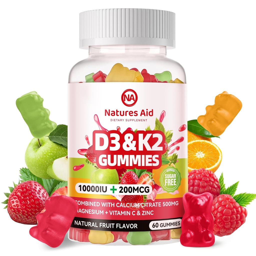 Natures Aid Sugar-Free ויטמין D3 K2 מסטיקנים עם Calcium + K2 (MK-7), Magnesium Citrate, ויטמין C, כוח נוסף - תחליף האולטימטיבי לשיניים שרירים העצם Immune, טבעוני - 60 מסטיקנים