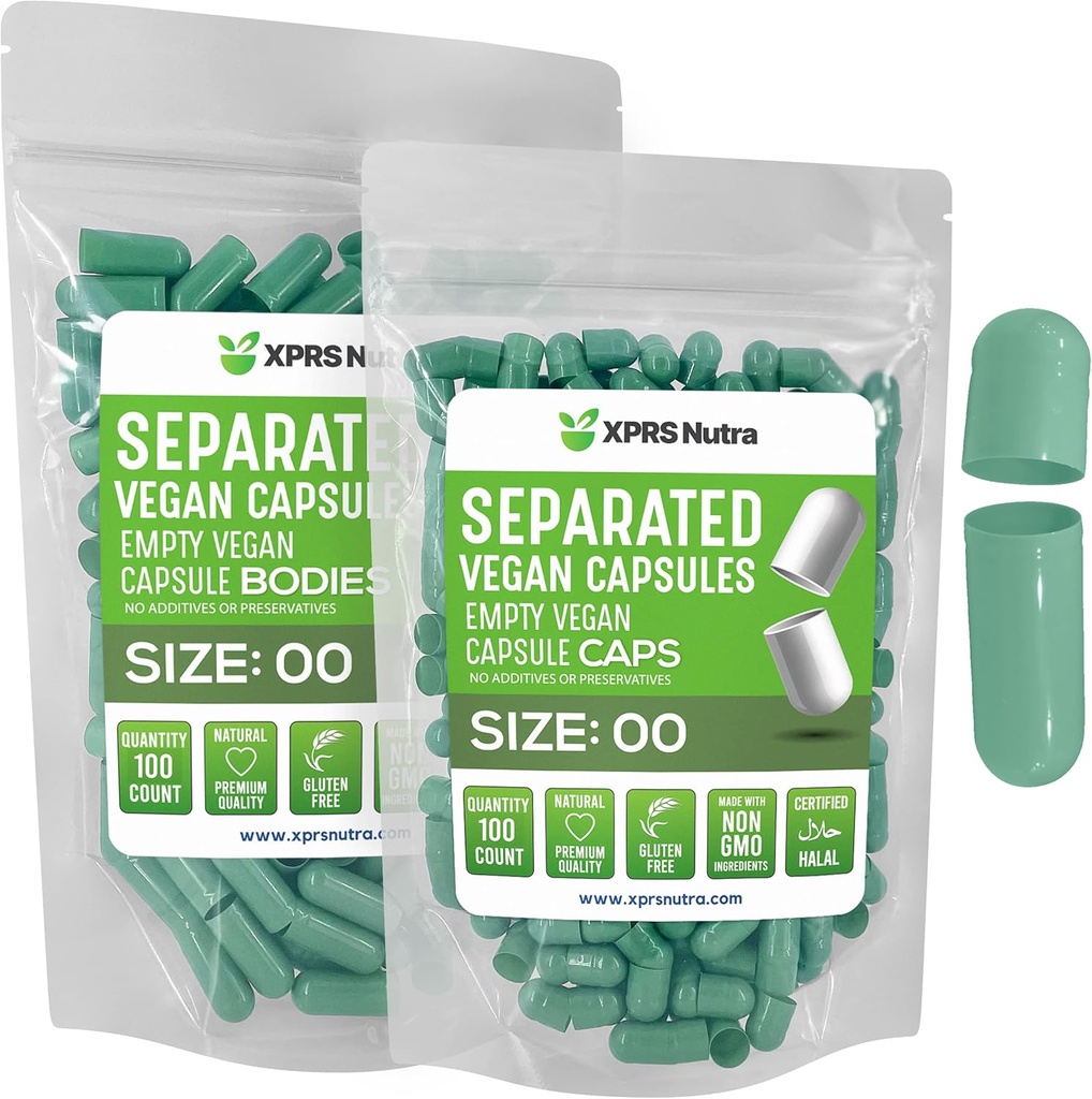 XPRS Nutra Vegan Size 00 בנפרד קפסולות - 100 Count Premium ריקה קפסולות נפרדות ב Bags - 00 Pills ריקה עבור תוסף DIY (Sage Green)