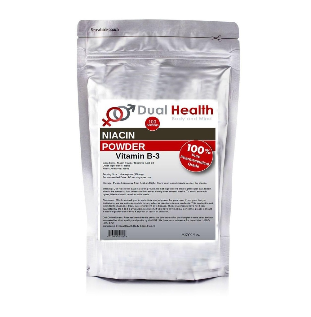 Niacin Powder (4 oz) Vitamin B3 Bulk Supplement Immediate Release Niacin with Flush Nicotinic Acid Non-GMO, Vegan, Gluten Free Company Fast Absorption No GMOs, Fillers, Additives or Heavy Metals
