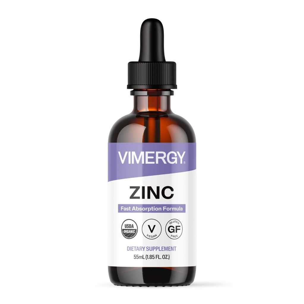 Vimergy אורגני Zinc תוספי עבור נשים וגברים (7.5 מ"ג נוזל Zinc Per משרת) מהיר-Absorbing Immune תמיכה, מקדם עצמות בריאות ועור, USDA מוסמך אורגני, טבעוני, עד 27 משרתים (55 mL)