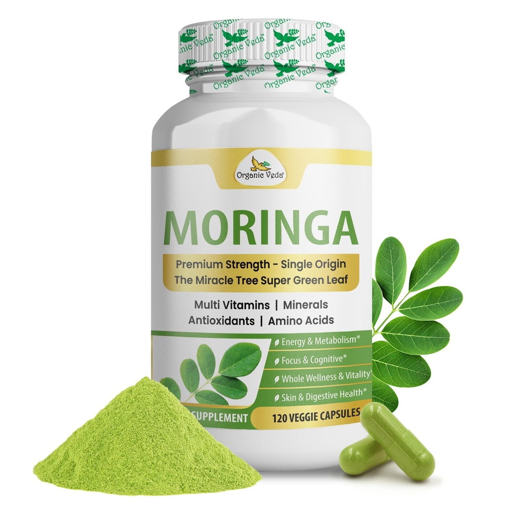 אורגני Veda Moringa Leaf קפסולות 1000 מ"ג, 120 הרוזן - אבקת Raw Moringa Oleifera Oleifera Whole Leaves Green Super מזון תוספת - Boosts אנרגיה, בריאות, רווחה ואנטיoxidants עשירים