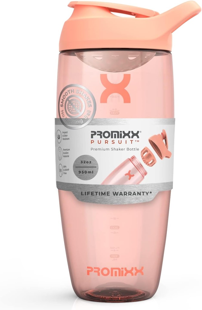Promixx Pursuit חלבונים Shaker Bottle (32 oz) - Silent No-Ball Mixer, Leak-Proof Lid, BPA / BPS & Phthalate-Free ECOZEN - Easy-Clean Shaker Cup for Protein Shakes, Pre & Post-Workout Smoothies
