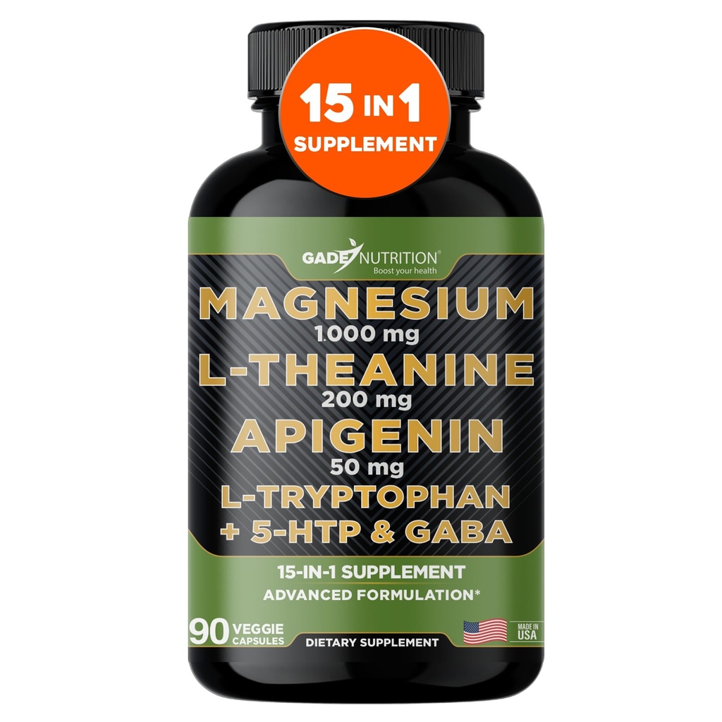 Gade Nutrition Magnesium Glycinate & Magneisum תוספי מזון עם Apigenin, L Theanine 200 מ"ג, 5 HTP, GABA Calm Brain Booster תוסף Sleep Aid Ashwagandha L Tryptophan Chamomile, 5 HTP, GABA Calm Brain Booster תוסף Sleep Aid Ashwagandha L Tryptophan Chamomile
