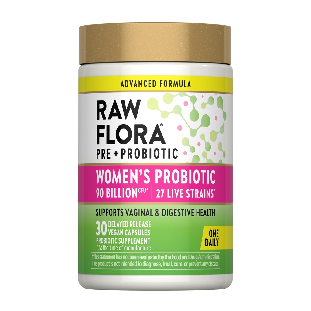 Raw Flora Probiotics for Women | with Prebiotic | 30 Capsules | 90 Billion CFU | Supports Vaginal and Digestive Health | Vegan & Gluten Free Supplement