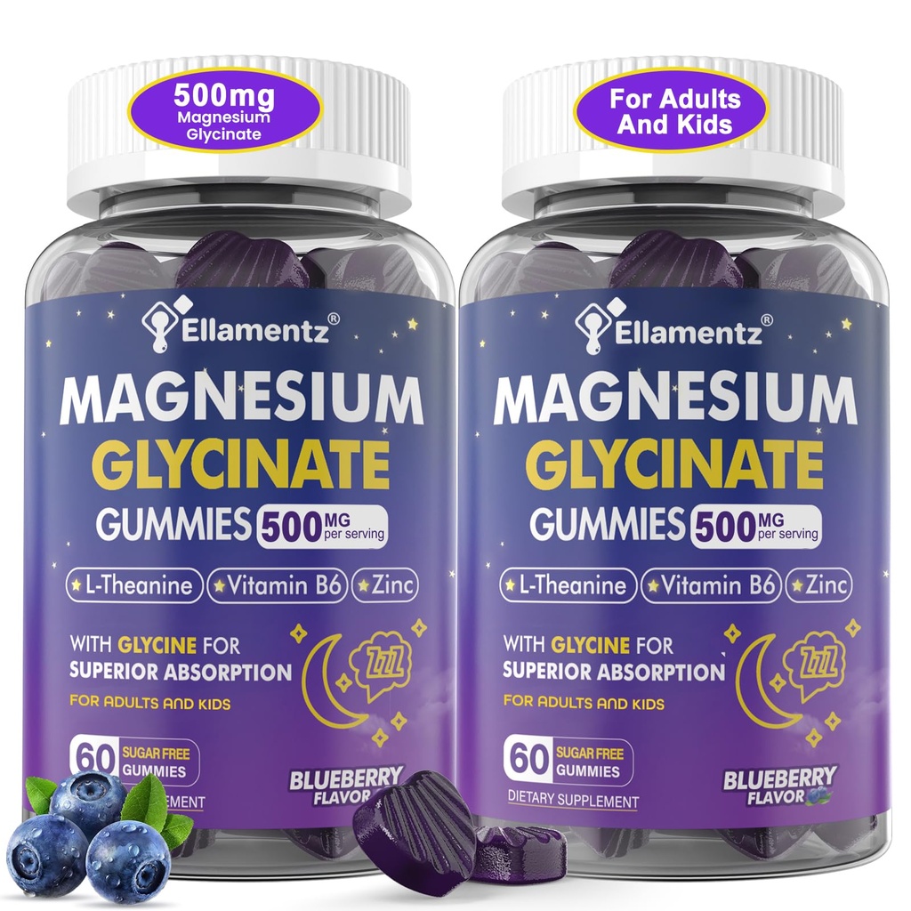Magnesium Glycinate Gummies 500 מ"ג / 250 מ"ג למבוגרים ילדים בני נוער, סוכר חינם Magnesium Calm Sleep Aid, ילדים ישנים חניכיים עם L-theanine Glycine B6 עבור שינה, Calm, שריר, המוח רפלק, Notonin,2PackK