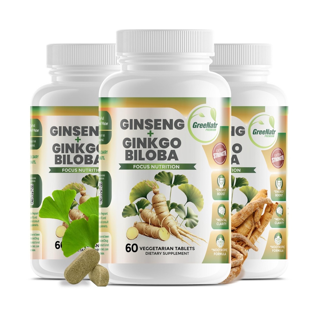 GreeNatr Geneko Biloba & Panax גינזנג תוסף - Red גינזנג המוח תוספת זיכרון להתמקד - ג'ינקגו בילובה תוספי חזון טוב, מערכת החיסון ושיפור זרימת הדם - 3 בקבוקים