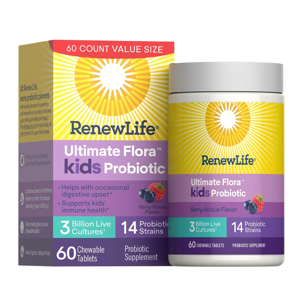 Renew Life Ultimate Flora Kids Probiotic Chewables | 60 Chewable Tablets | 14 Strains | Supports Immune Health | Berry Flavor | Soy, Dairy & Gluten Free
