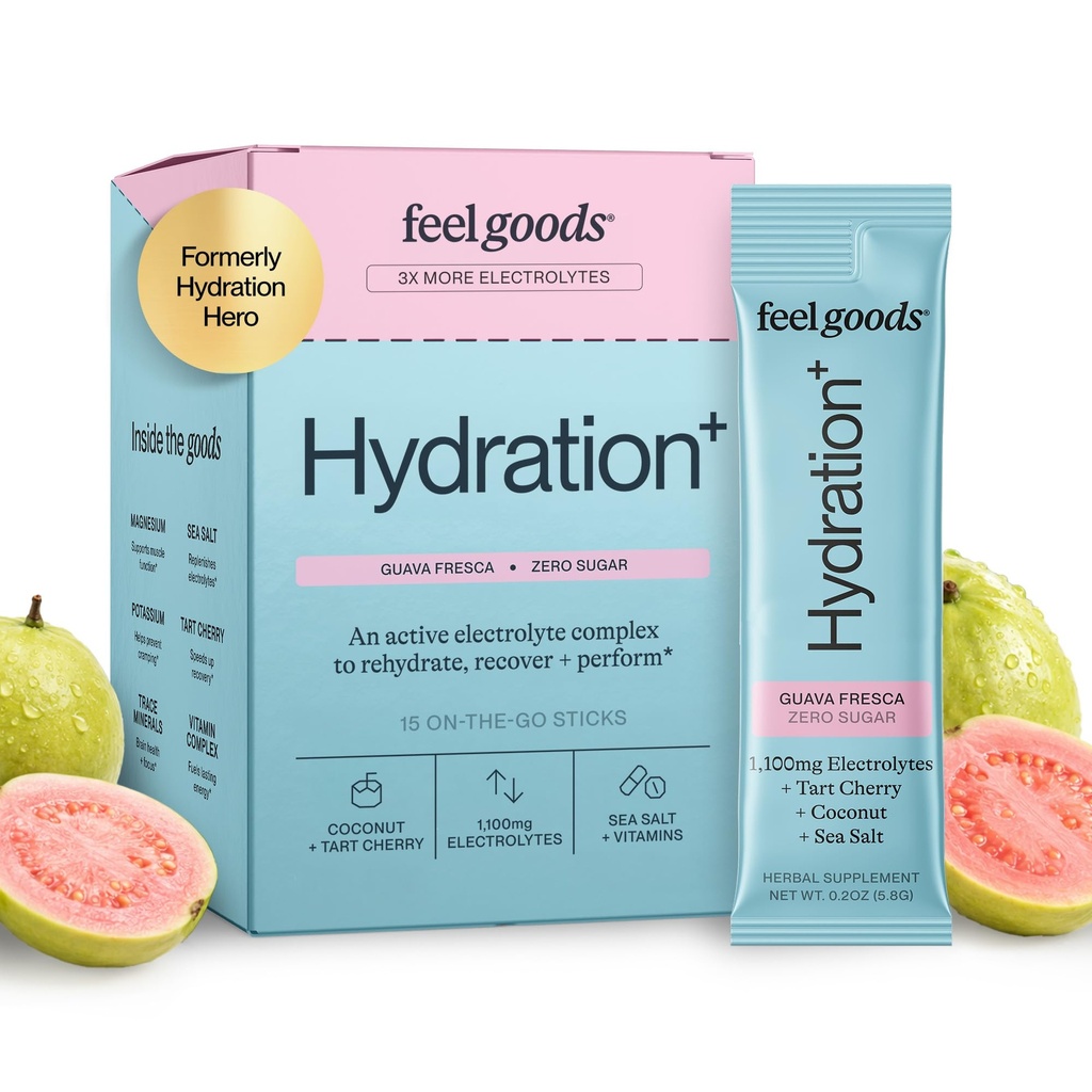 מרגיש טוב hydrtion Hero, 1000 מ"ג אבקת אלקטרוליט, סוכר חינם, מגנזיום, מים קוקוס אורגני, L Theanine, ויטמין C & B12, Non GMO, Keto, טבעוני, Electrolyte Packets | Guava Fresca, 15 הרוזן