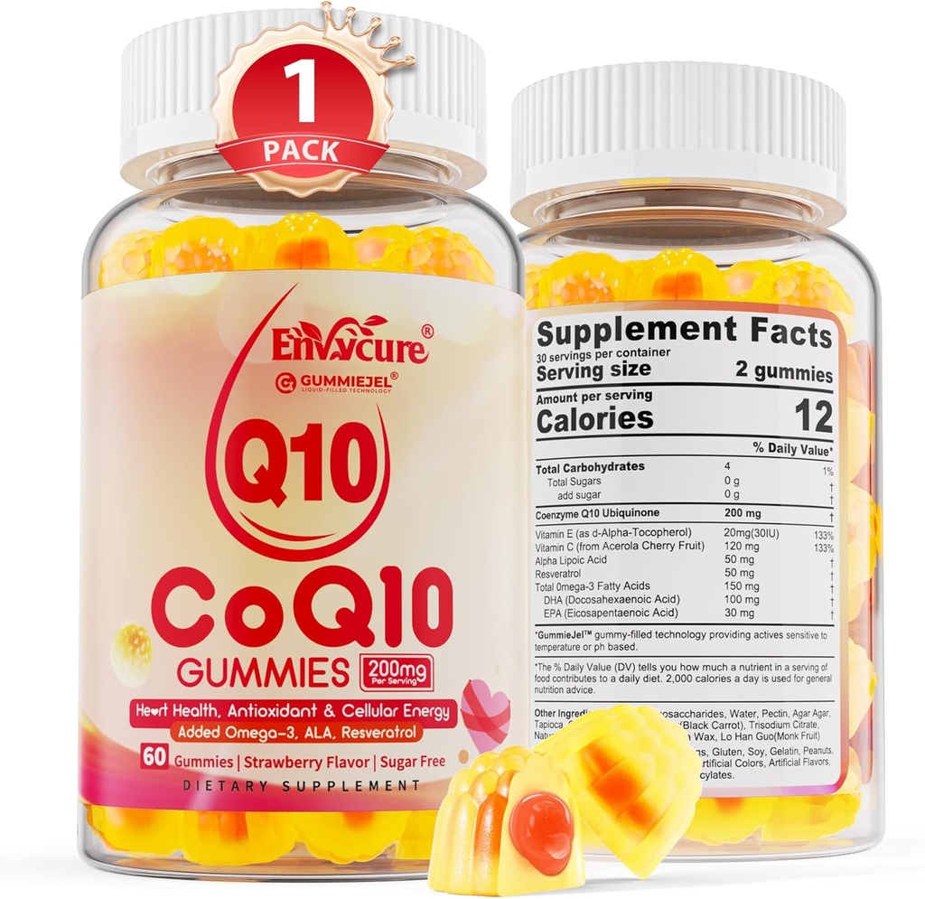 סוכר חינם CoQ10 200 מ"ג מלא חניכיים, 5X Better Absorption CoQ10 w/Resveratrol, Alpha Lipoic Acid, אומגה 3, ויטמין E, C, Coenzyme Q10 עבור אנרגיה סלולרית, לב, מוח ואנטיoxidant (1Pack)