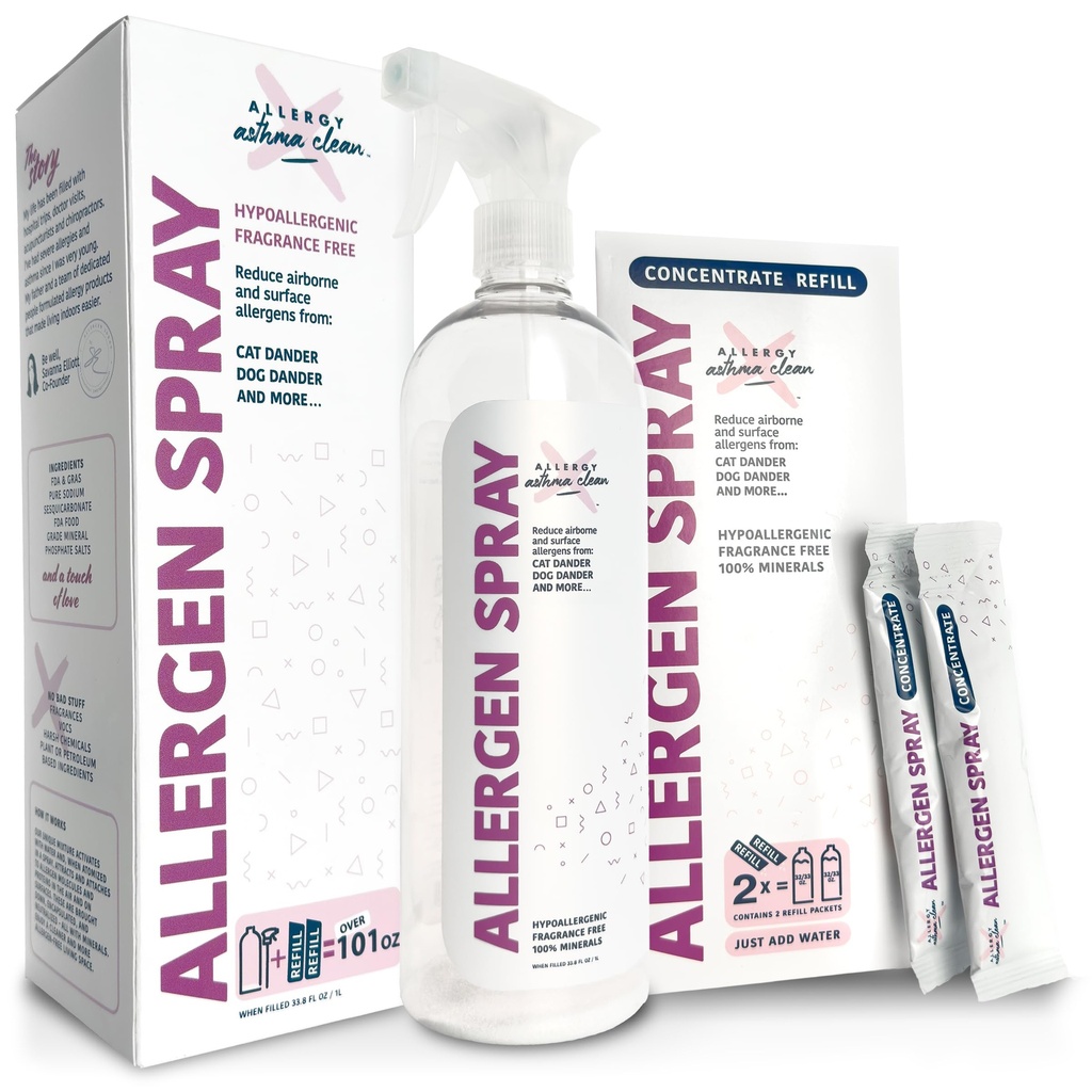 Allergy Asthma Clean Allergen Spray, Pets, Dust Allergies & More, Air & Surface Control, Just Add Water, Bottle Plus Two Refills, Over 100oz Total | Bottle plus Two Refills, Backed by Science, Fragrance Free, Air & Surface Home Control, Made in the USA, Family-owned