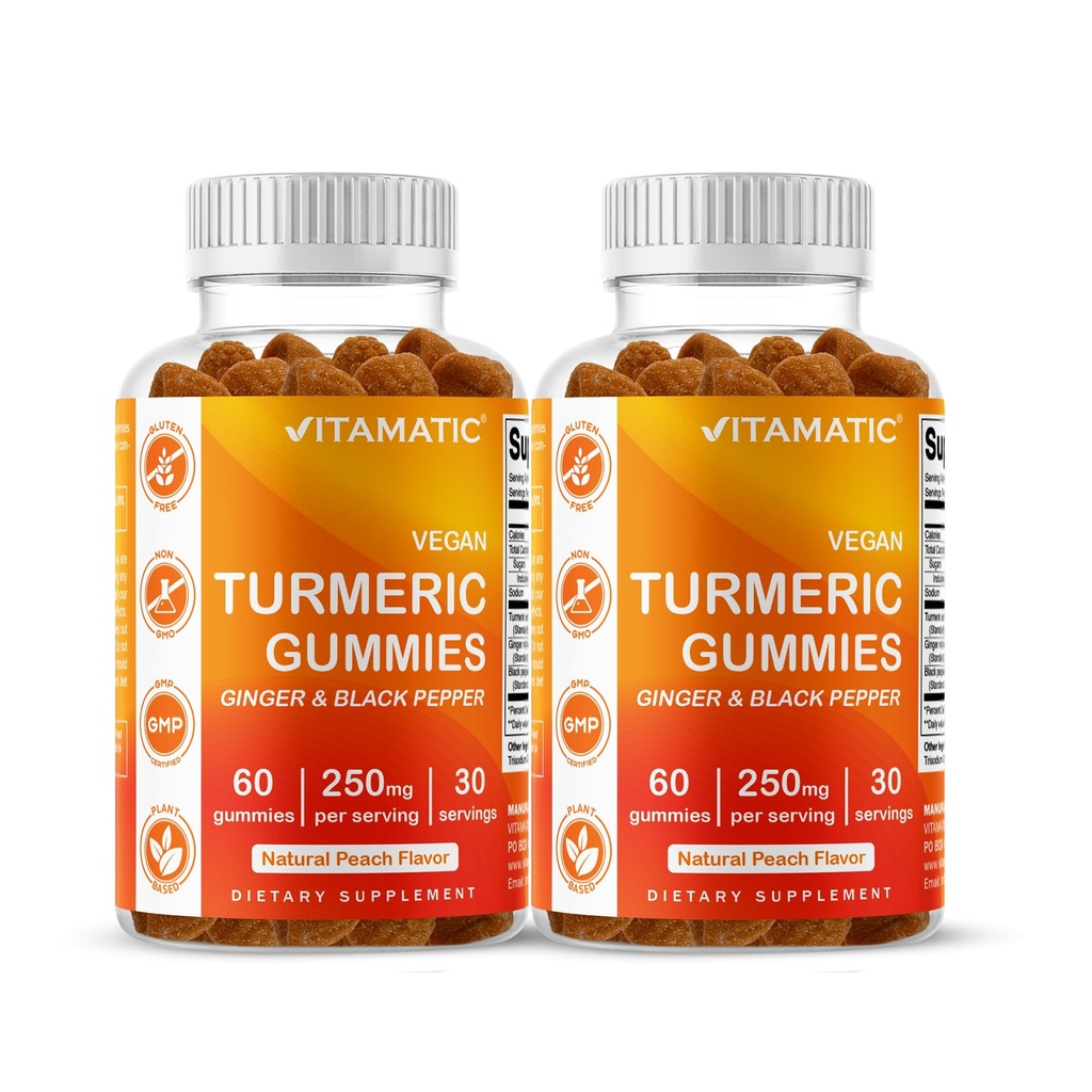 חניכיים Vitamatic Turmeric עם ג'ינג'ר & Black Pepper - 60 חניכיים טבעוניות כל אחת | 2 Pack (120 חניכיים) 95% Curcuminoids - Powerful Antioxidant & Inflammatory Support
