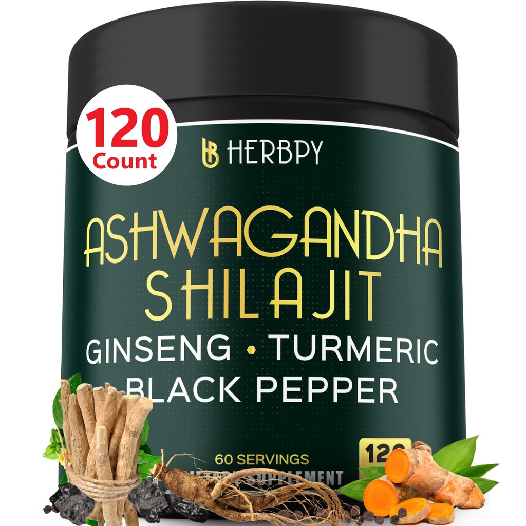 5in1 Ashwagandha כוח נוסף עם Shilajit עבור Stamina, אנרגיה ורגיעה תמיכה - Plus גינזנג, Turmeric Root & Black Pepper - 120 הרוזן