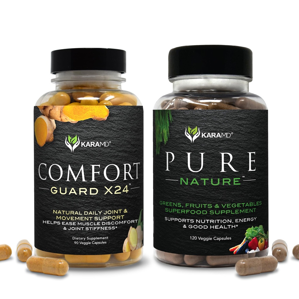 קראMD Pure Nature & Comfort Guard Bundle | Whole Food Greens, פירות וירקות תוספת + תמיכה התנועה | Non-GMO, טבעוני, Gluten-Free (30 משרתים כל אחד)
