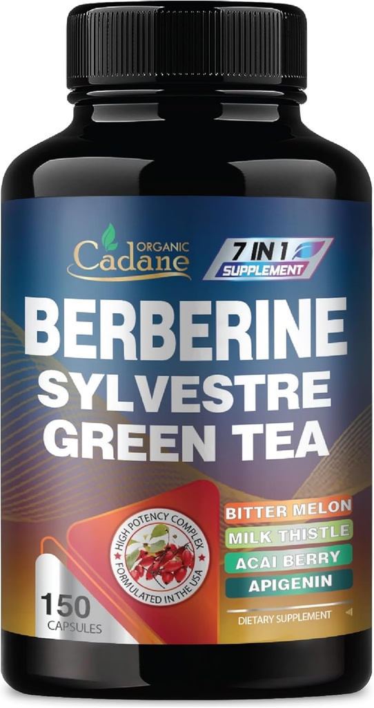 Cadane Berberine Extract - תוספת ברברין עם התעמלותnema Silvestre, תה ירוק ועוד - 150 קפסולות עבור מערכת החיסון, תמיכה בבריאות