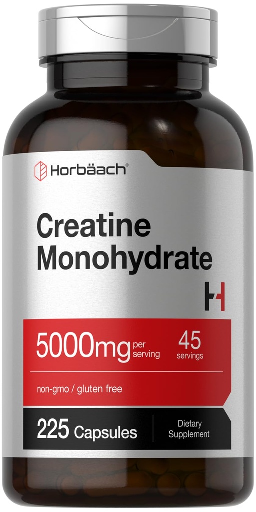 Horbäach Creatine Monohydrate | 5g | 225 קפסולות | Non-GMO, Gluten Free Supplement