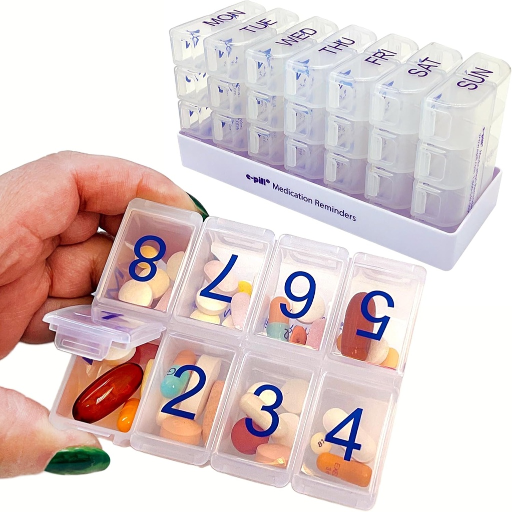 e-Pill 8 פעמים ביום X 7 יום גדול גלולות מארגנת, ויטמין ו- Medicine Box (Clear)