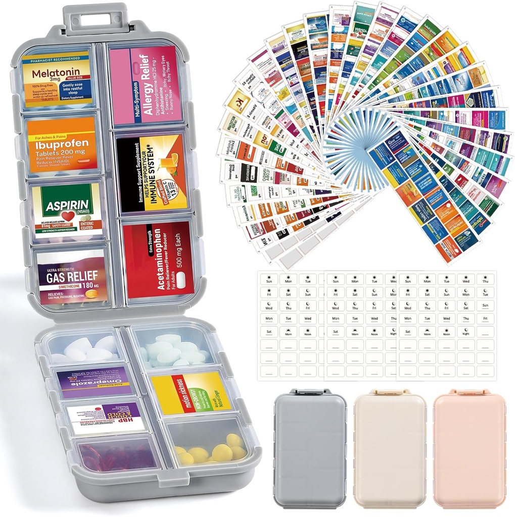 3 Pack 14 Grids Travel Pill Organer Box with 415-Pcs Medicine Name Labels - Pocket Daily Pharmacy Case Container Kit - Travel Medicine Holder Dispenser for Fish שמן תוספת שמן אחסון