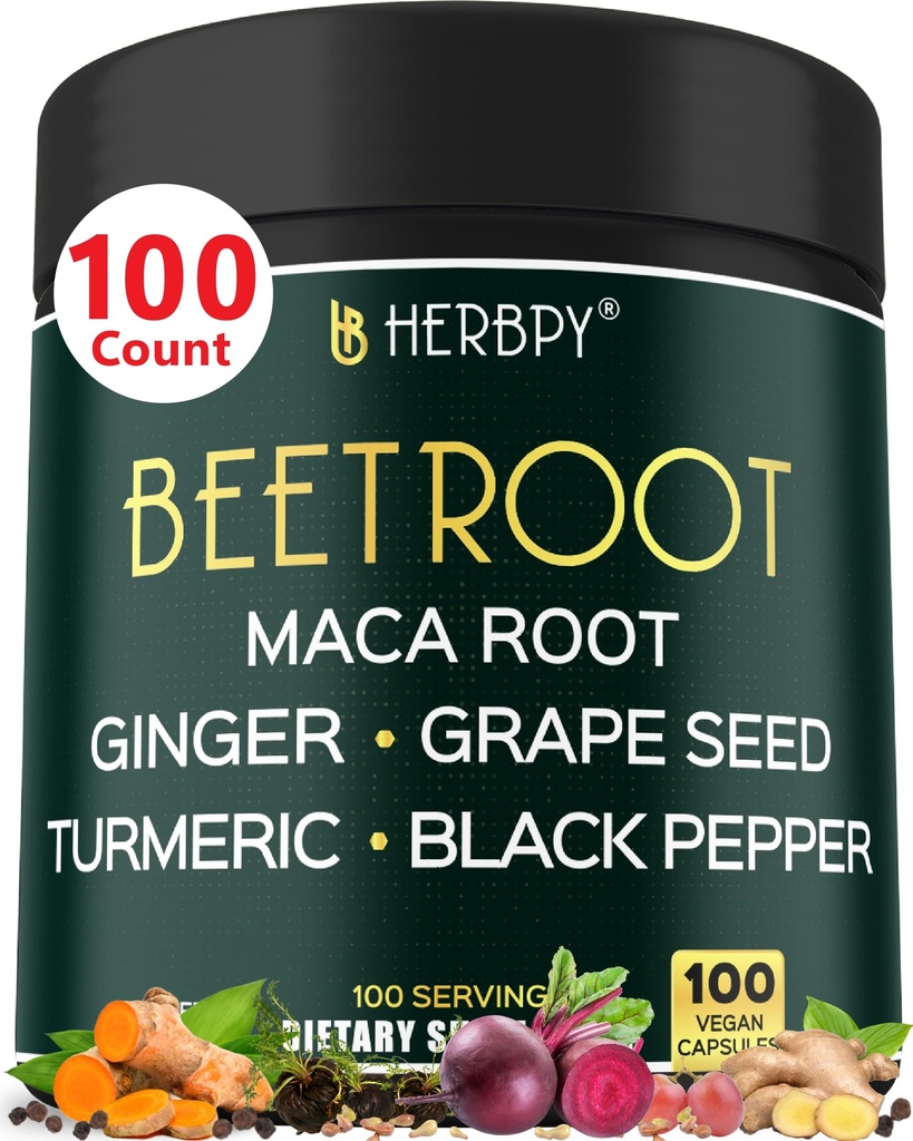 6in1 Beetroot תוספת עם Maca Root, Grape Seed, ג'ינג'ר, Turmeric ו Black Pepper עבור בריאות הלב & Immune תמיכה - 100 קפסולות טבעוניות