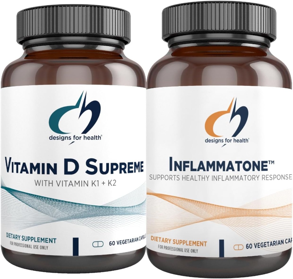עיצובים לבריאות ויטמין D העליון + Inflammatone Bundle - ויטמין D3 5000 IU + 2000mcg ויטמין K עם תערובת בוטנית Enzyme לקידום תגובה חיסונית בריאה - 2 מוצרים