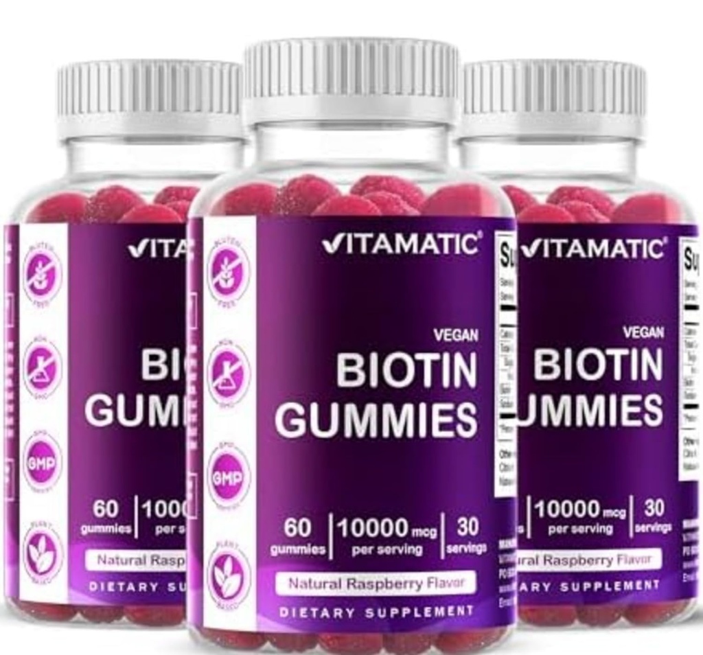 Vitamatic biotin Gummies 10,000 mcg לשיער חזק יותר, Skin & Nails - 60 חניכיים טבעוניות - נקרא גם ויטמין B7 (3 בקבוקים)