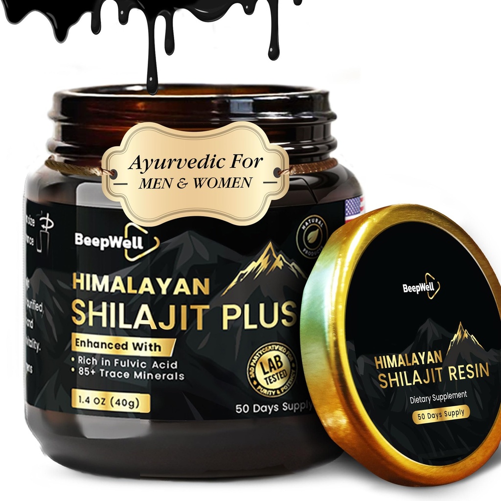 Pure ההימלאיה אורגנית Shilajit rein לחלץ גברים ונשים - 100% טבעי אשווגנדה שחור פפר Shilajit Resin עבור גברים נשים זהב Ayurvedic, Fulvic Acid 85 + מינרלים, 50 משרתים, 40 גרמים