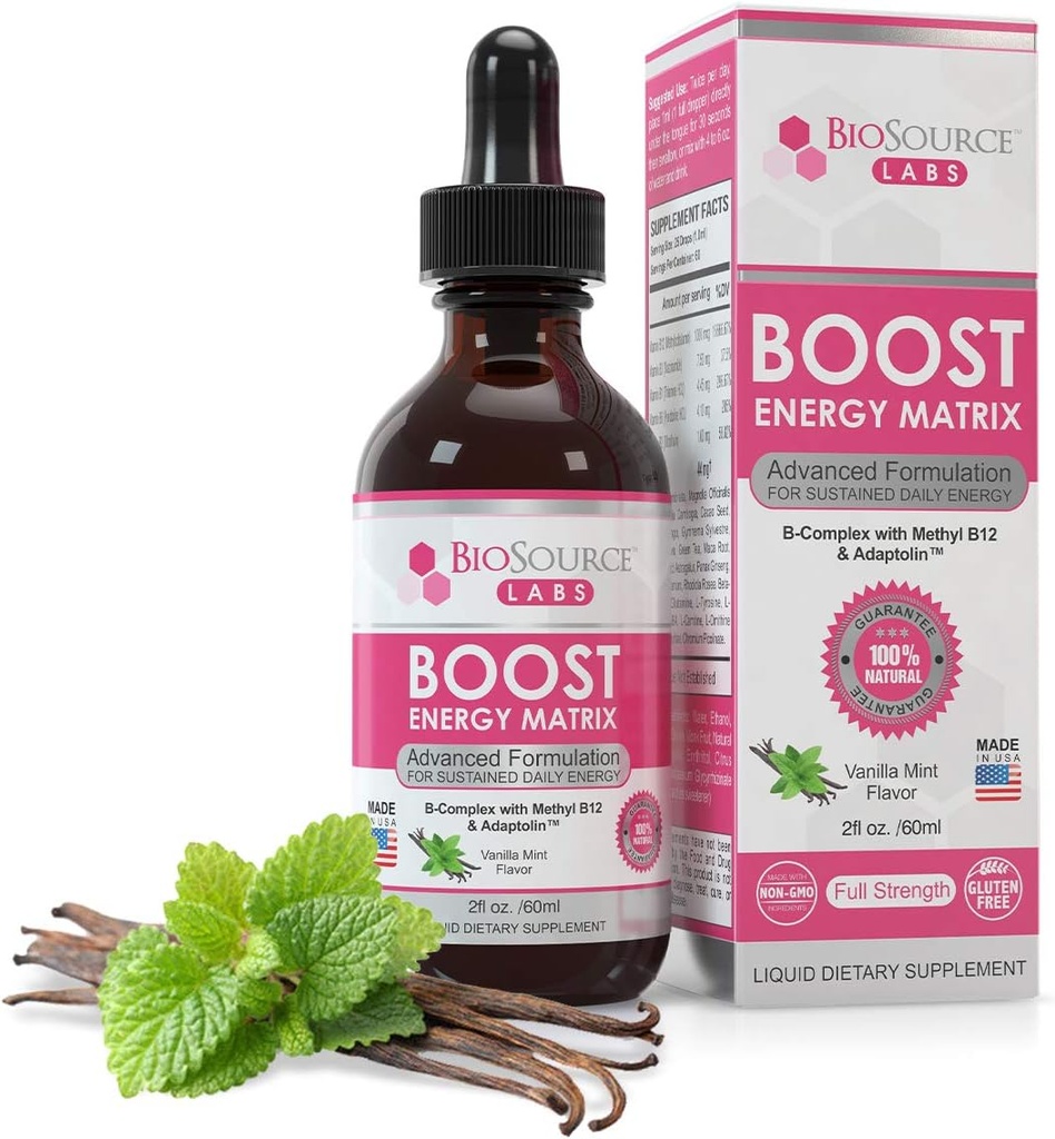 Boost Energy Matrix - Vegan ויטמין B-Complex Sublingual נוזל טיפות w/Methyl B12 & Fitolin (2oz / 60 מ"ל בקבוק)