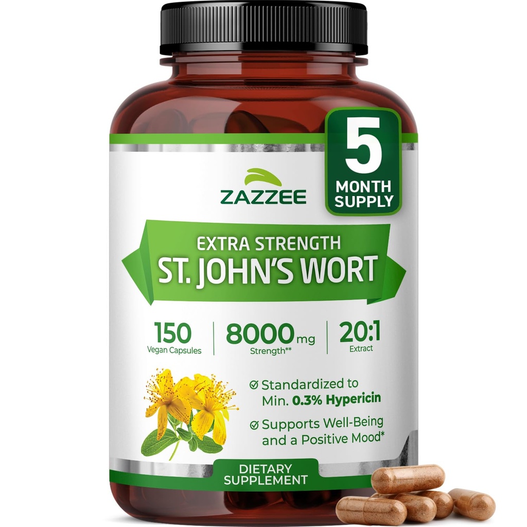 Zazzee תוספת כוח St. John's Wort 20:1 לחלץ, 8000 מ"ג כוח, 0.3% Hypericin, 150 קפסולות טבעוניות, 5 חודשים אספקת, ריכוז, 20X תמצית, 100% Vegetarian, non-GMO, All-Naturalalalalalalalalal.