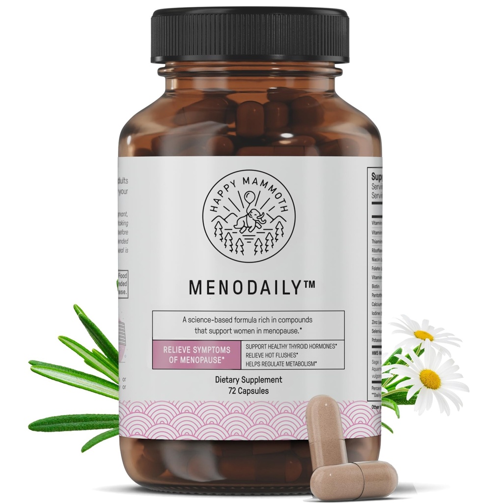 Happy Mammoth Meno Daily Menopause ויטמינים & תוספי עבור נשים (*לא הורמון הרמוני), Boost Metabolism, עור בריא, שיער וציפורים, פלאש חם, תמיכה Mood, 72 Caps