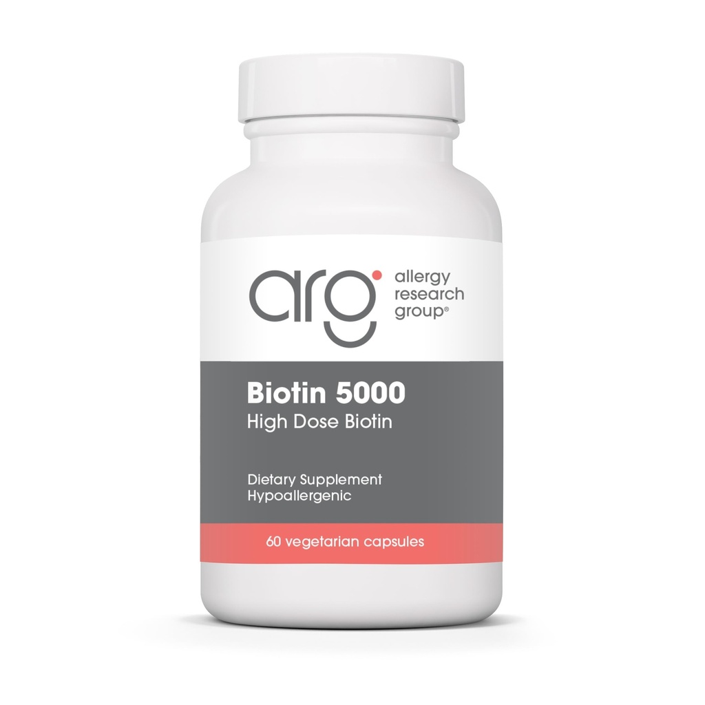 Allergy Research Group Biotin5,000 תוסף - 5000mcg Biotin, ויטמינים לשיער, עור וציפורים, מינון גבוה, קפסולות צמחוניות, Hypoallergenic, Gluten Free - 60 Count