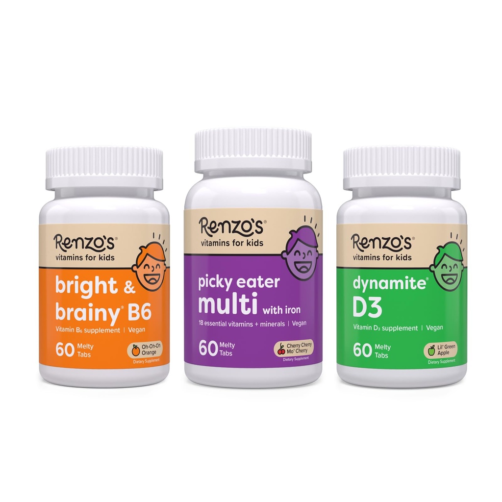 הוויטמינים של רנזו - Kid Bundle - Picky Eater Kids Multivitamin, ויטמין D3 לילדים, ו- Bright & Brainy ויטמין B6