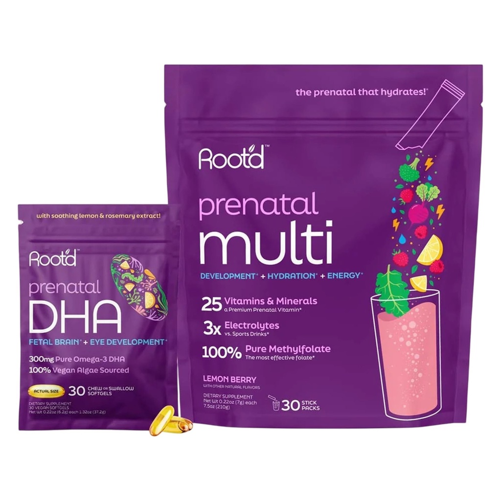 Root'd Prenatal DHA + Multivitamin Powder for Pregnancy Support | Fetal Development, Hydration & Immune Boost - Vegan, Non-GMO, Sugar Free - for Mom
