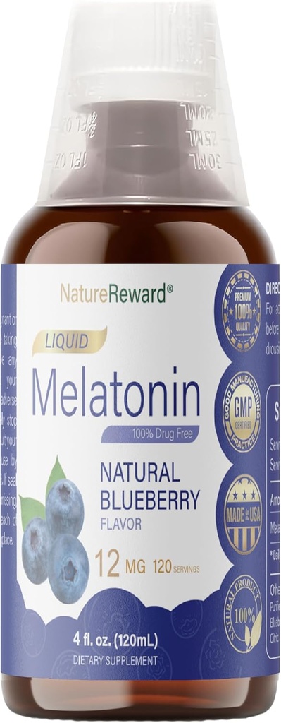 מלטונין 12 מ"ג | 4 oz נוזל | 120 משרתים | Blueberry Flavor | למבוגרים | Non-GMO, Vegetarian Supplement