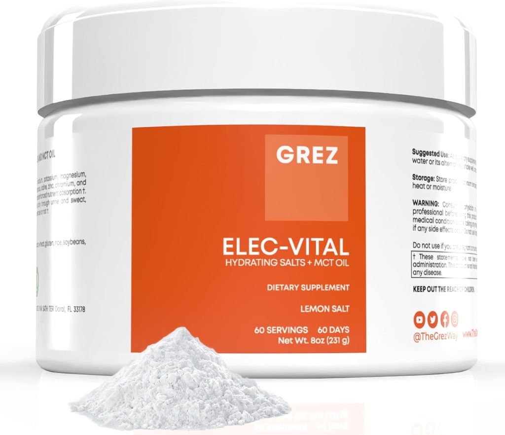GREZ ELEC-Vital Electrolytes אבקת No Sugar - אבקת הידרה, Keto Electrolytes No Sugar - תמיכה מינרלית מלאה, Sodium, Potassium, Magnesium, Zinc - 60 משרתים