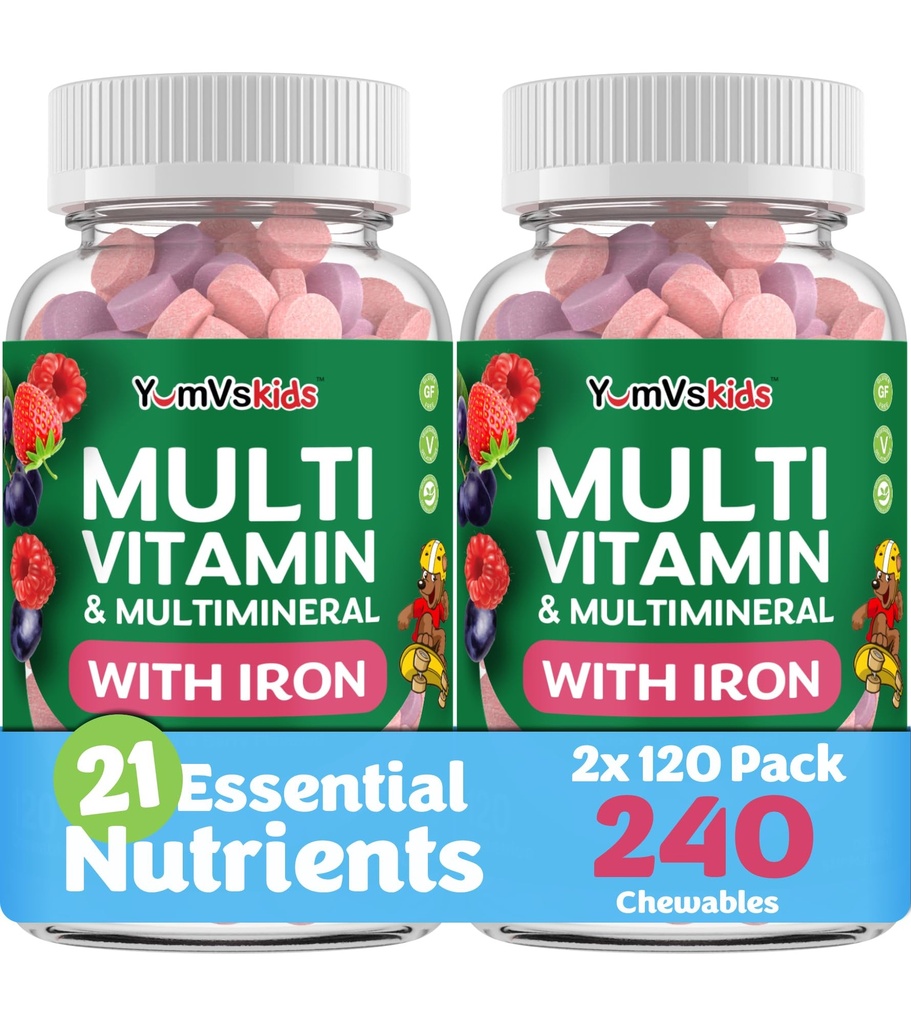 YUM-V'S Kids Multivitamin עם ברזל - ילדים Chewable Multivitamin - ויטמינים + תוספת ברזל - טוילר ויטמינים עבור 2 שנים ישן +, כשר, Halal, Gluten חינם 120 (Pack של 2 2
