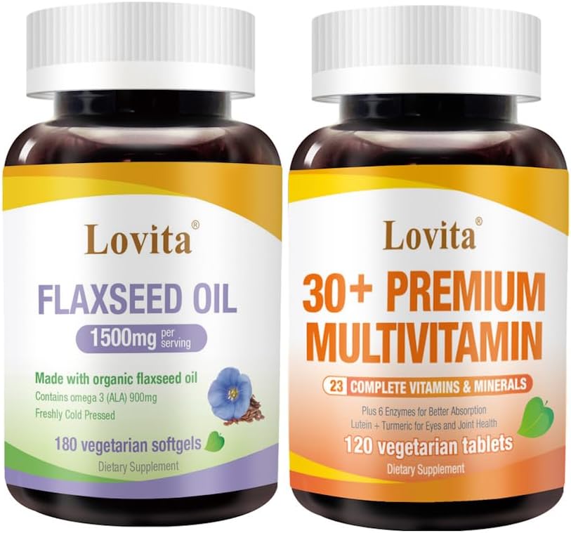 Lovita Cold-Pressed Flaxseed Oil & Premium Multivitamin for Adults 30+ Foodsents Bundle (Vegetarian)