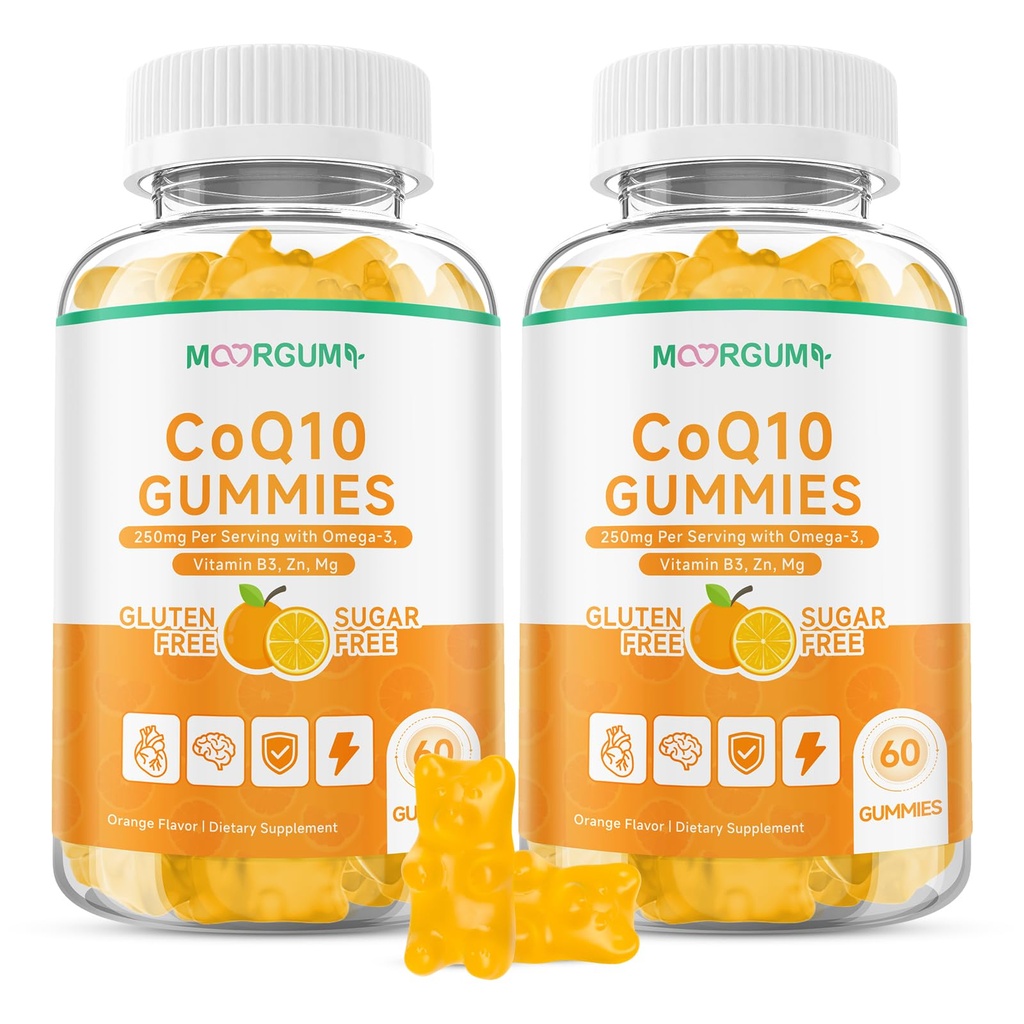 CoQ10 Gummies, 250mg Coenzyme Q10 High Absorption Supplements with Omega-3, Vitamin B3, Zinc, Magnesium, Supports Heart Health, Cellular Energy & Antioxidant, Vegan, Non-GMO, Orange Flavor, 120 Count