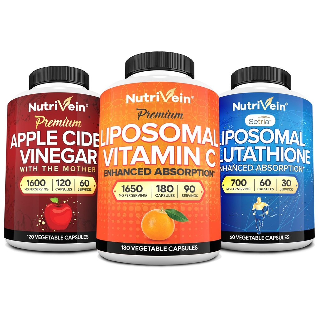 Nutrivein Premium Liposomal Glutathione, Apple Cider Vinegar כמוסות, ויטמין C תוסף Bundle: ויטמין C, ACV קפסולות, ו Glutathione Bundle עבור תוספי הגנה סלולרית ו Detox