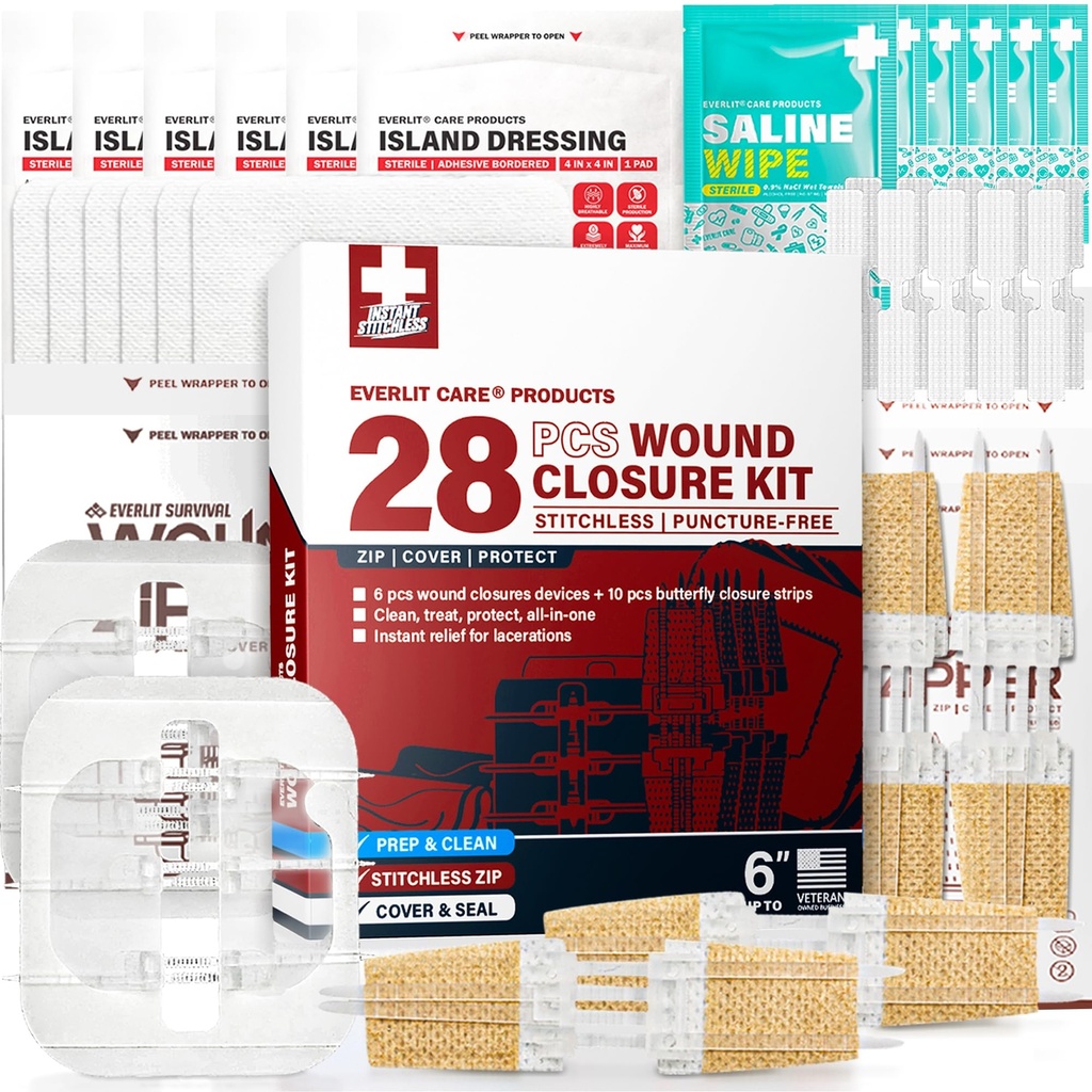 EVERLIT CARE Wound Closure Kit | 28 Pcs All-in-One First Aid with Suture-Free, Stitchless Zip Devices, Butterfly Bandages, for up to 6" Wounds | 100% Sterile Medical Supplies to Clean, Cover & Heal