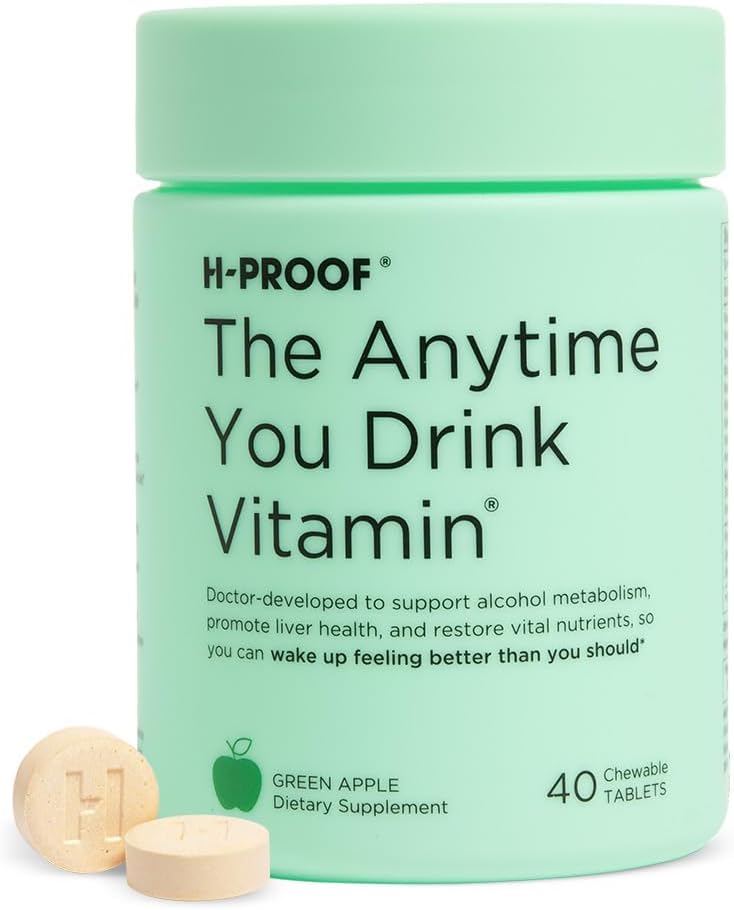H-PROOF The Anytime You Drink ויטמין, Liver Health & Immunity Support with Electrolytes, Milk Thistle ו- ויטמין B & C - 40 טבליות Chewable (20 משרתים), טבעוני, אפל ירוק