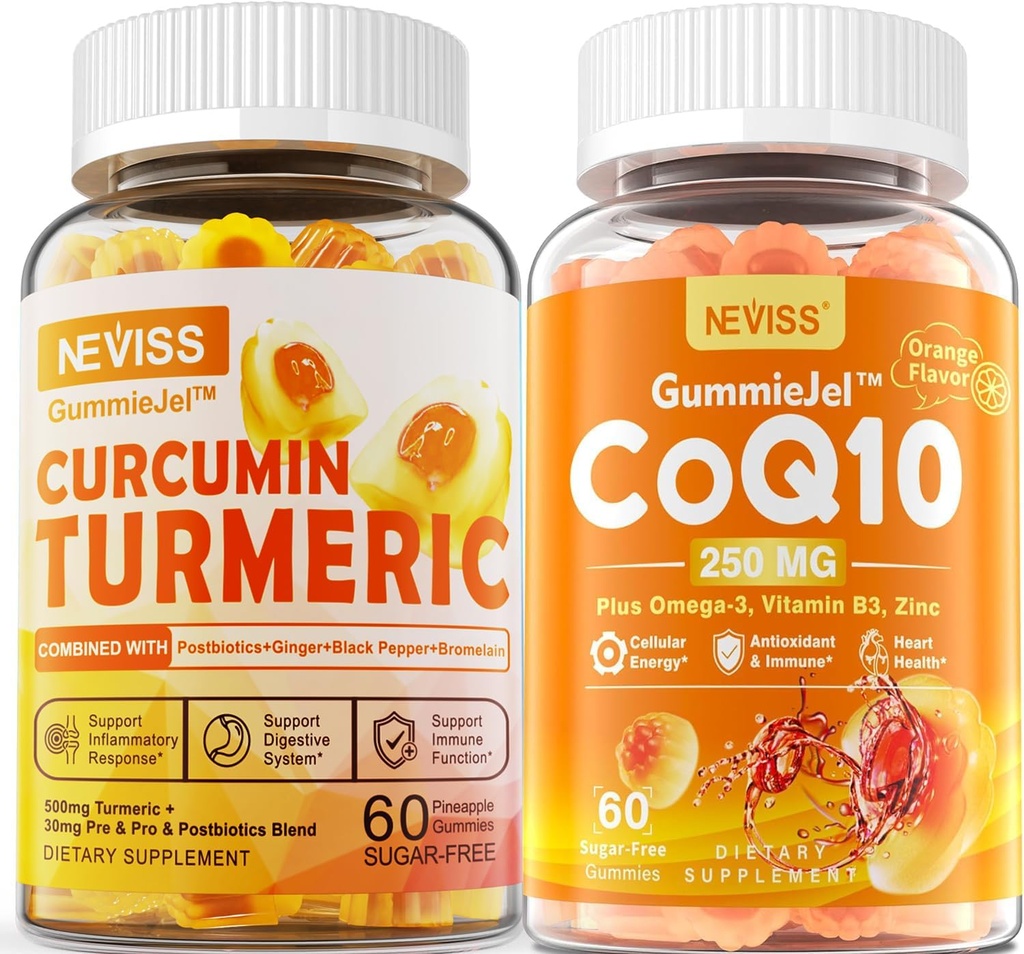סוכר חינם Turmeric Curcumin מלא חניכיים 550mg & CoQ10-250 מ"ג מלא חניכיים, Immune, Digestive Health, Mobile Energy & Antioxidant Support