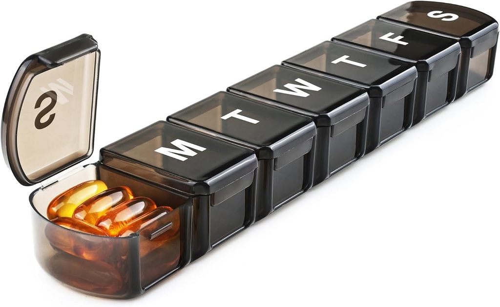 XL Weekly Pill Box מארגנת 7 ימים, שבוע אחד ג'מבו גלולת גלולות דיספרס מקרה אחד ביום, MOLN HYMY Daily Medicine Container to Hold תרופות, ויטמינים, שמן דגים ותוסף שחור (Black Supplement)