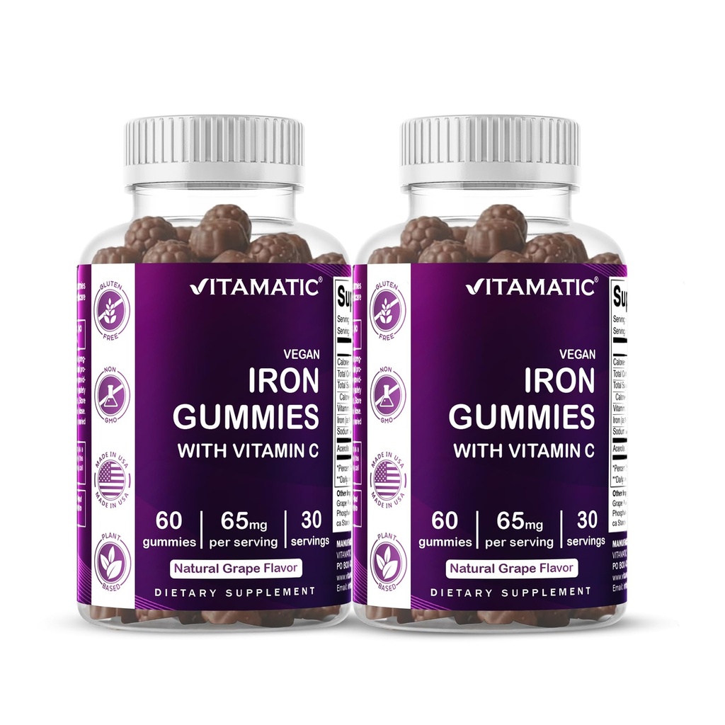 Vitamatic Iron 65 מ"ג מינרלים תוספת לנשים וגברים - 60 חניכיים טבעוניות - ויטמין ברזל גדול עם ויטמין C (2)